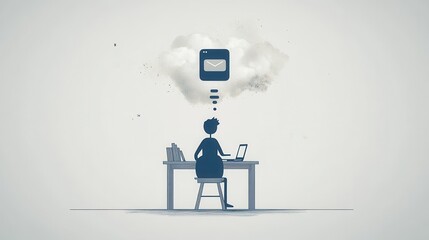 Poster - A person sits at a desk using a laptop, contemplating an email symbol above their head amidst a cloud-like thought bubble.