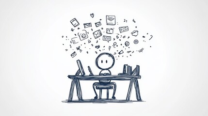 Poster - A simple, sketch-style illustration of a person sitting at a desk, surrounded by various thought bubbles representing ideas and communication.