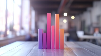Aufkleber - A top-down view of a D bar graph with gradient-colored bars, illustrating increasing data values, against a soft-focus background of office elements for a corporate feel.