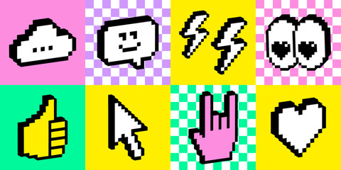 Fototapete - Bright, bold and gen z geometric pattern. Y2k cool tech emoticon stickers. Smile, cursor, heart shape, eyes, hand. 3D emoji pixel icons. Game abstract retro style vector illustration. Checkered print