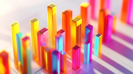 Poster - A top-down view of a D business bar graph with dynamic heights, showcasing various revenue streams, against a white surface with soft shadows for added depth.