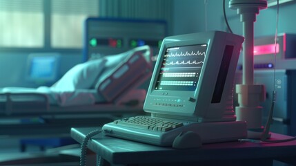 Poster - A medical computer icon with a hospital background and digital screen.