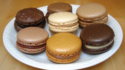 Poster - A top-down view of a variety of macarons stacked on a white ceramic plate, with flavors like chocolate, raspberry, and vanilla, set against a light wooden surface.