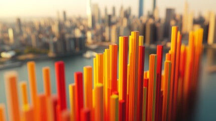 Poster - A top-down view of a vibrant D bar graph with floating bars arranged in a wave pattern, creating a visually dynamic effect against a soft-focus city skyline.