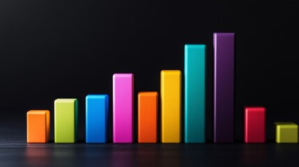 Poster - A vibrant D bar graph with colorful bars rising at various heights, displayed on a sleek dark background, showcasing data visualization in a modern business context.