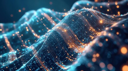 Poster - A vibrant digital wave composed of glowing lines and particles, representing data flow and technology in a futuristic landscape.