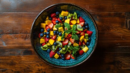 Poster - A vibrant bowl of fresh fruit salad featuring colorful diced mango, kiwi, strawberries, and blueberries, garnished with fresh mint leaves on a rustic wooden table.