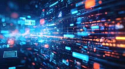 Poster - a vibrant digital landscape showcasing streams of data in blue and orange hues, illustrating technol