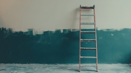 Poster - A view of a partially painted room, with one wall in a soothing color and a ladder leaning against another wall, ready for a fresh transformation.
