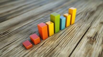 Fototapete - A visually engaging D bar graph featuring multicolored bars with shadow effects, displayed on a light wooden surface, highlighting the data in a stylish manner.