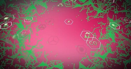 Poster - Green geometric shapes and energy icons over pink background animation