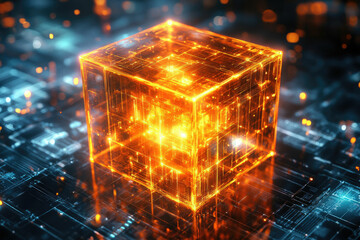 Poster - Illuminated orange cube with circuit-like patterns, resting on a blue and black circuit board, evoking high technology and complex systems.