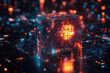 Poster - Glowing cube constructed from connected data streams, symbolizing the interconnected nature of modern technology and artificial intelligence in a futuristic setting.