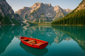 Naklejka na meble Rotes Ruderboot auf türkisfarbenem Bergsee mit Alpenpanorama – Ruhe und Naturidylle pur
