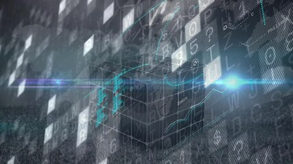 Poster - Glowing lines and numbers on digital cube, showcasing futuristic animation technology