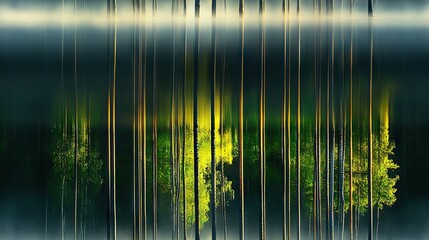 Wall Mural - a reflection of a tree in water with a forest in the background and trees in the foreground is optim