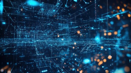 Poster - A futuristic digital landscape filled with glowing blue lines and nodes, creating an immersive 3D network of data and technology.