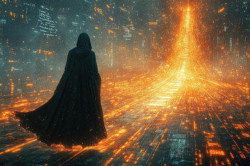 Aufkleber - A cloaked figure stands before a luminous, digital landscape of futuristic pathways and glowing data streams in a cyberpunk-inspired scene.
