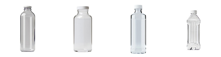 Aufkleber - Minimalist display of clear glass water bottles in isolated mockups with varying shapes and sizes