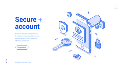 Poster - Personal data information account security technology isometric monochrome web banner vector illustration. Privacy authentication user verification network safety protection landing page