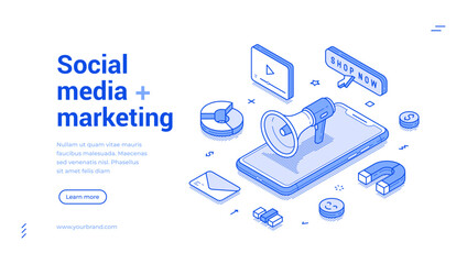 Poster - social media marketing internet advertising smm mobile promo web banner monochrome isometric vector 