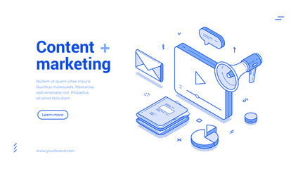 Fototapete - Content marketing commercial internet advertising isometric web banner monochrome vector illustration. Multimedia online promotion video blog vlog auditorium communication strategy landing page