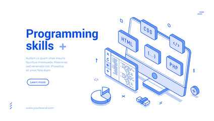 Fototapete - Programming skills computer software development isometric web banner monochrome vector illustration. Code program database desktop engineering website script system digital technology