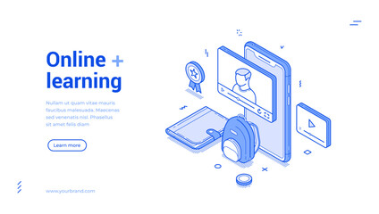Fototapete - Online e learning education video lesson digital technology isometric web banner vector illustration. Internet remotely studying college school university student teaching seminar lecture landing page