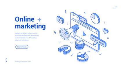 Fototapete - Online marketing cyberspace advertising business content strategy isometric web banner vector illustration. Internet promotion campaign management audience target communication landing page