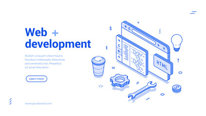 Fototapete - Website development programming and coding web banner isometric vector illustration. Software digital technology code program database engineering script cyberspace site construction landing page