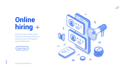 Fototapete - Online hiring job vacancy remotely interview applicant search isometric web banner vector illustration. Internet hire HR employment recruitment smartphone application human resources analyzing