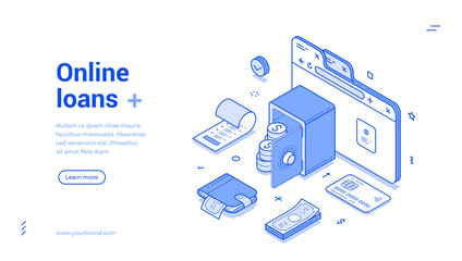 Fototapete - Online loan internet browsing banking financial service isometric web banner vector illustration. Finance bank commercial retail cash e money receive currency deposit investment digital technology