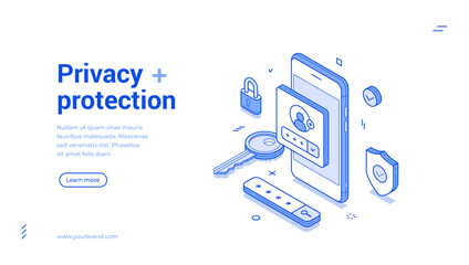 Fototapete - Privacy protection user personal account secure smartphone application isometric web banner vector illustration. Mobile phone app authentication identification safety information data security control