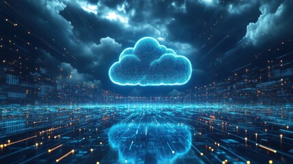 Poster - A digital depiction of a glowing cloud surrounded by data streams, symbolizing cloud computing and technology in a futuristic landscape.