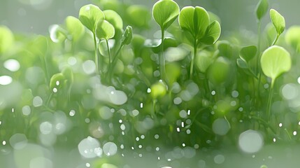 Wall Mural - focused photo of a lush green plant with water droplets on its leaves and raindrops in the backgroun
