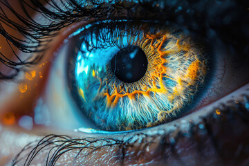 Aufkleber - A macro shot of a captivating eye, showcasing intricate details and a stunning blend of blue and gold hues.