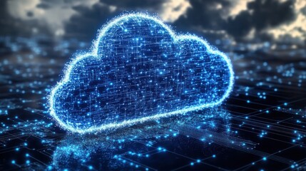 Poster - A glowing blue cloud icon surrounded by circuits and digital elements, symbolizing cloud computing and data storage technology.