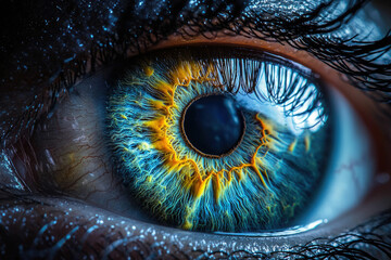 Aufkleber - Striking close-up of a human eye with intricate blue and gold patterns in the iris.