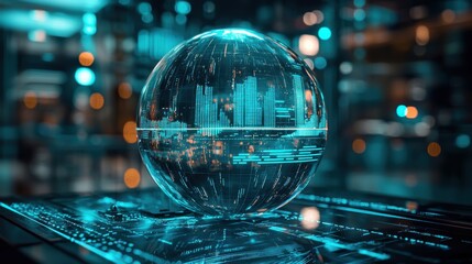 Poster - A futuristic holographic globe displays city data, illuminated with vibrant blue lights in a digital environment.