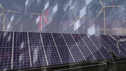 Poster - Solar panels and wind turbines with data processing animation overlay