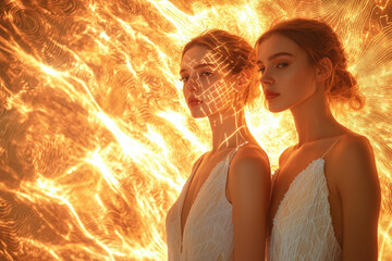 Poster - Two women stand illuminated by fiery light, geometric patterns on skin, ethereal, artistic, and elegant.