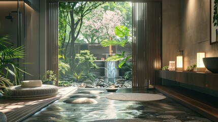 Poster - A luxurious Zen spa with calming colors and peaceful surroundings.