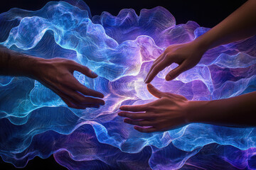 Poster - Three hands gently reach towards each other over a surreal, glowing landscape of blue and purple energy waves.
