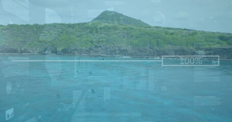 Poster - Island landscape with digital data processing animation over ocean view