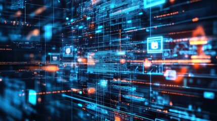 Poster - a vibrant, abstract digital landscape showcasing interconnected data streams and illuminated icons, 