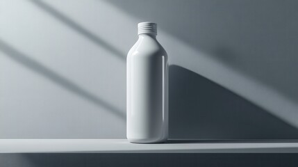 Poster - A minimalist white bottle stands on a shelf, casting shadows against a textured gray wall, reflecting simplicity and modern design.