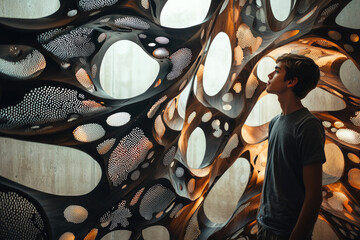 Aufkleber - A young man gazes at an elaborate, organic, perforated wooden installation, light filtering through its intricate, cellular structure.