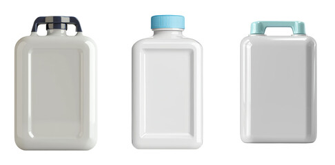 Leinwandbilder - Minimalist isolated mockups of three different bottle designs with varied lids and shapes on a plain background
