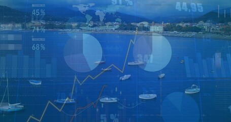 Poster - Animating graphs and charts over coastal landscape with boats in background