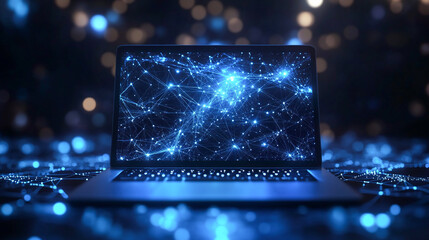 Poster - An abstract laptop design is presented in a low poly style, featuring a blue geometric background with wireframe light connection structures in a modern 3D graphic concept.